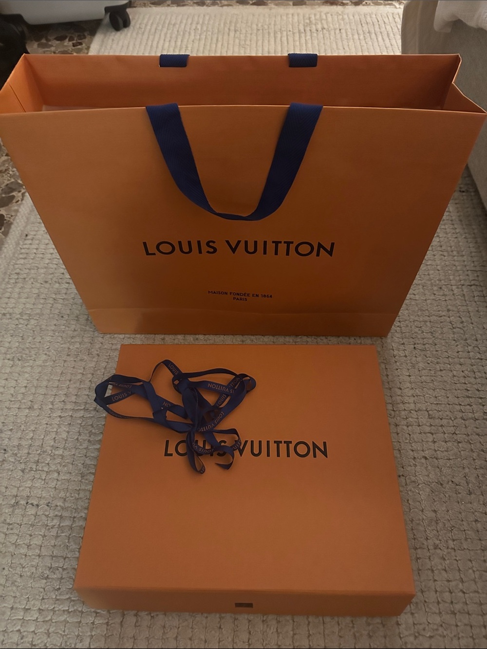 Louis Vuitton Orange Box and Bag with Blue Ribbon